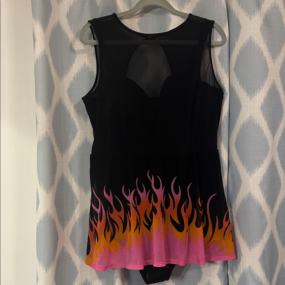 Torrid Black One Piece with Pink and Orange Flame Design